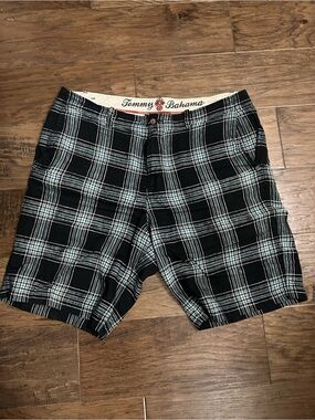 Tommy Bahama Black, White w/ hint of Teal Plaid Linen & Silk Flat Front Shorts
